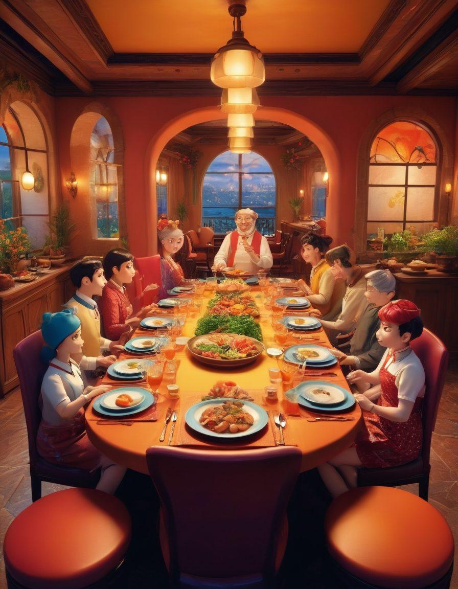 A whimsical dining scene featuring a beautifully arranged table with gourmet dishes, set against a backdrop of playful, cartoonish characters from adult animation and hentai, joyfully interacting and savoring the food. The atmosphere is vibrant and colorful, with soft lighting highlighting the details of the dishes and the animated characters. Elements of gourmet dining mix seamlessly with zany animation to create a delightful fusion of culinary and visual art. surrealistic. vibrant colors. playful style.