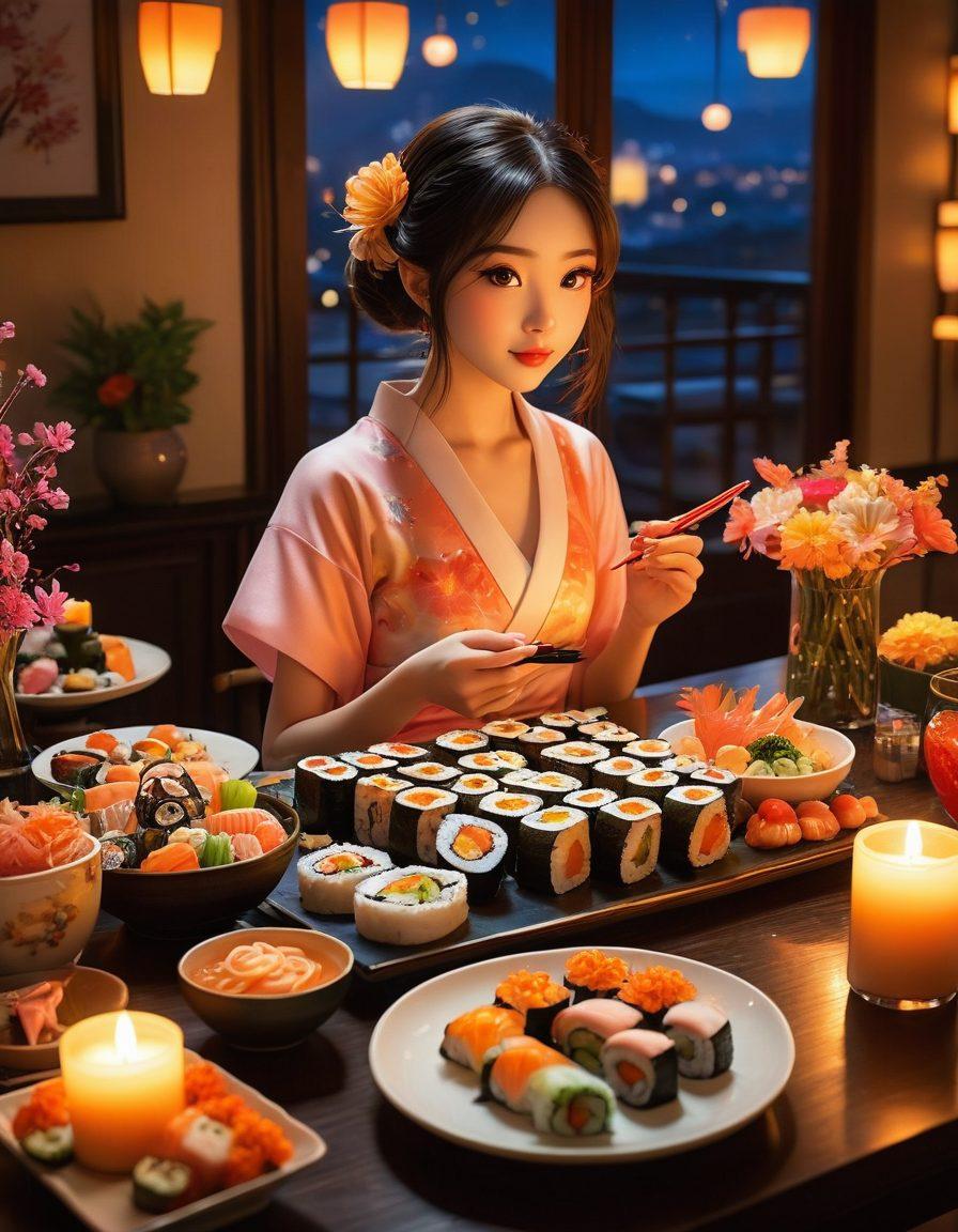 A whimsical, vibrant scene featuring a beautifully arranged dining table with anime-inspired dishes that look both delicious and tantalizing. Include a sultry anime character enjoying the meal with an expression of delight. Surround the table with colorful, exaggerated food elements like oversized sushi rolls and sweet desserts, lit with warm, inviting candlelight. The background should have an ethereal, dreamy atmosphere, blending culinary art and anime fantasy. vivid colors. super-realistic.