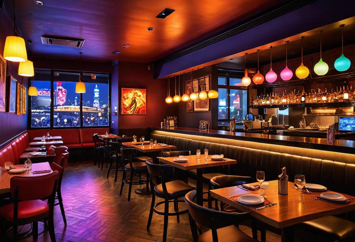 A lively urban nighttime scene featuring a trendy restaurant filled with playful adult animation-themed decor, vibrant neon lights illuminating animated characters interacting with diners, and colorful plates of gourmet cuisine artfully displayed on tables. The atmosphere buzzes with excitement and joy, capturing the essence of nightlife and culinary delight. super-realistic. vibrant colors. cinematic lighting.